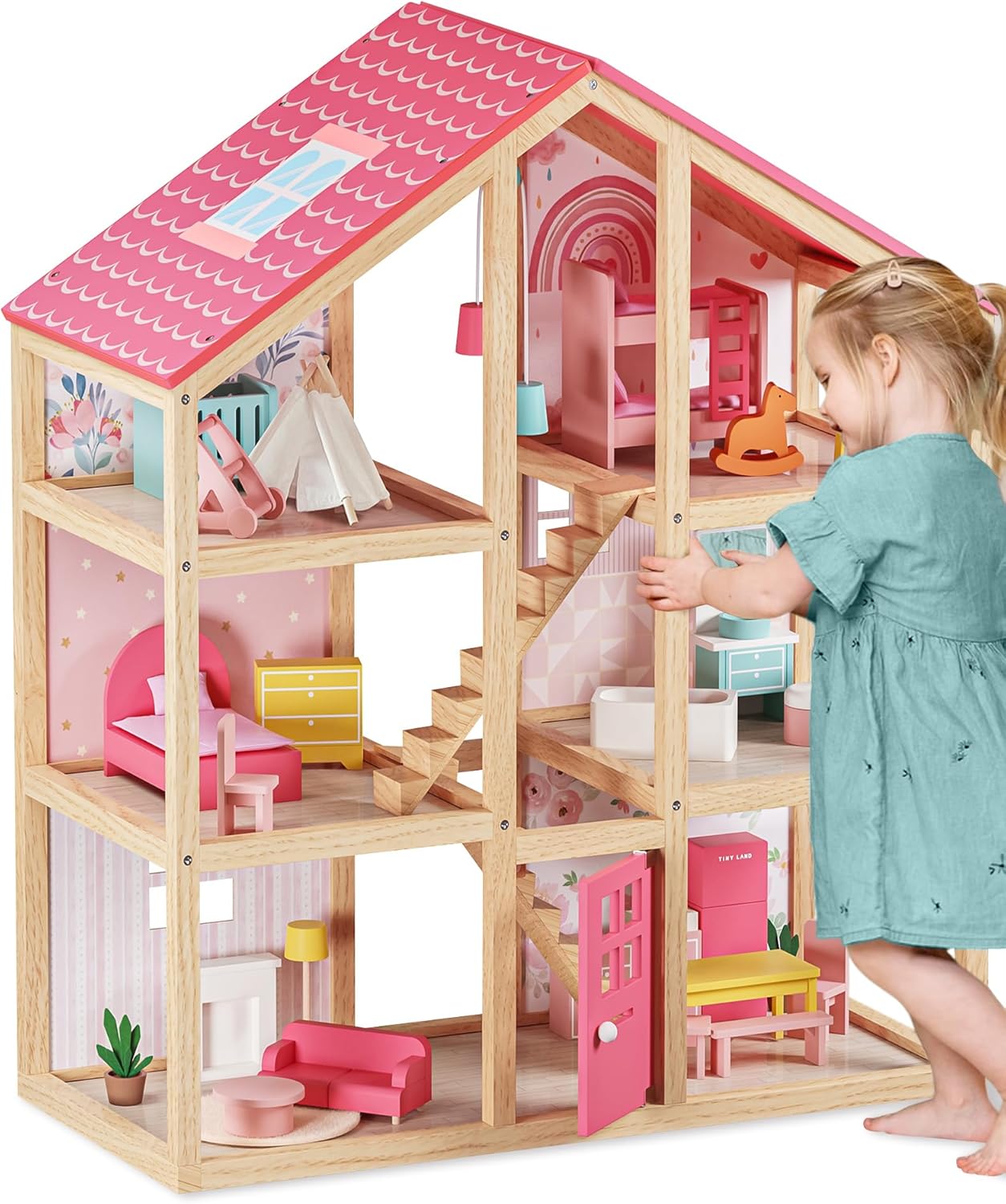 Tiny Land Wooden Dollhouse for Girls - 6 Rooms Wooden Doll House, DIY Pretend Dr...