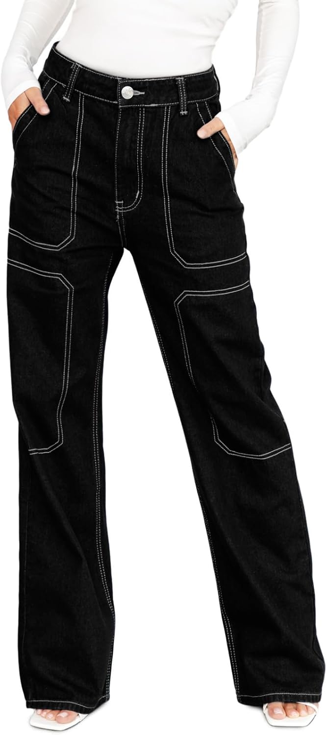 Dokotoo Women's Casual Mid Waist Cargo Jeans Stretch Wide Leg Denim Pants with P...