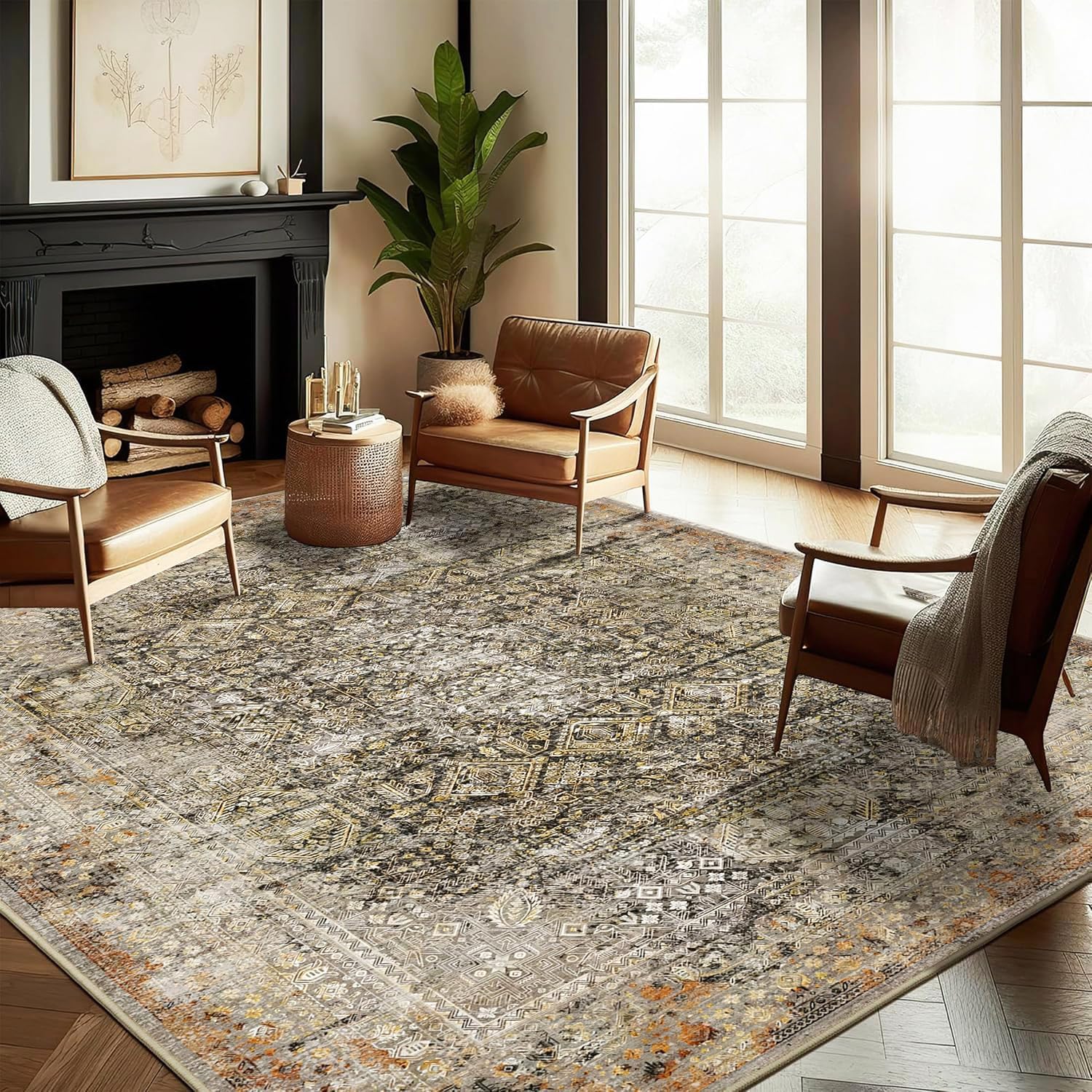 Area Rug 9'x12' Washable Rug Vintage Rug Traditional Mat Distressed Indoor Folda...