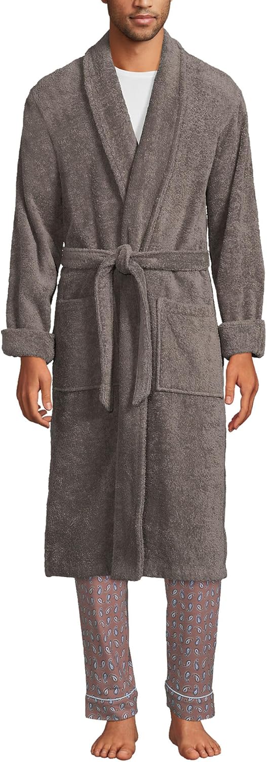 Lands' End Men's Calf Length Turkish Cotton Terry Bathrobe Small Rich Steel