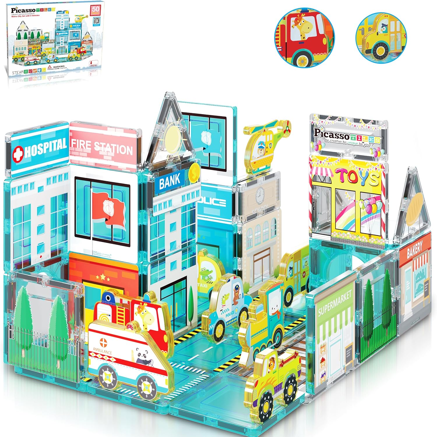 PicassoTiles Magnetic Building Blocks Metro City Town Hospital Theme Toddler Mag...