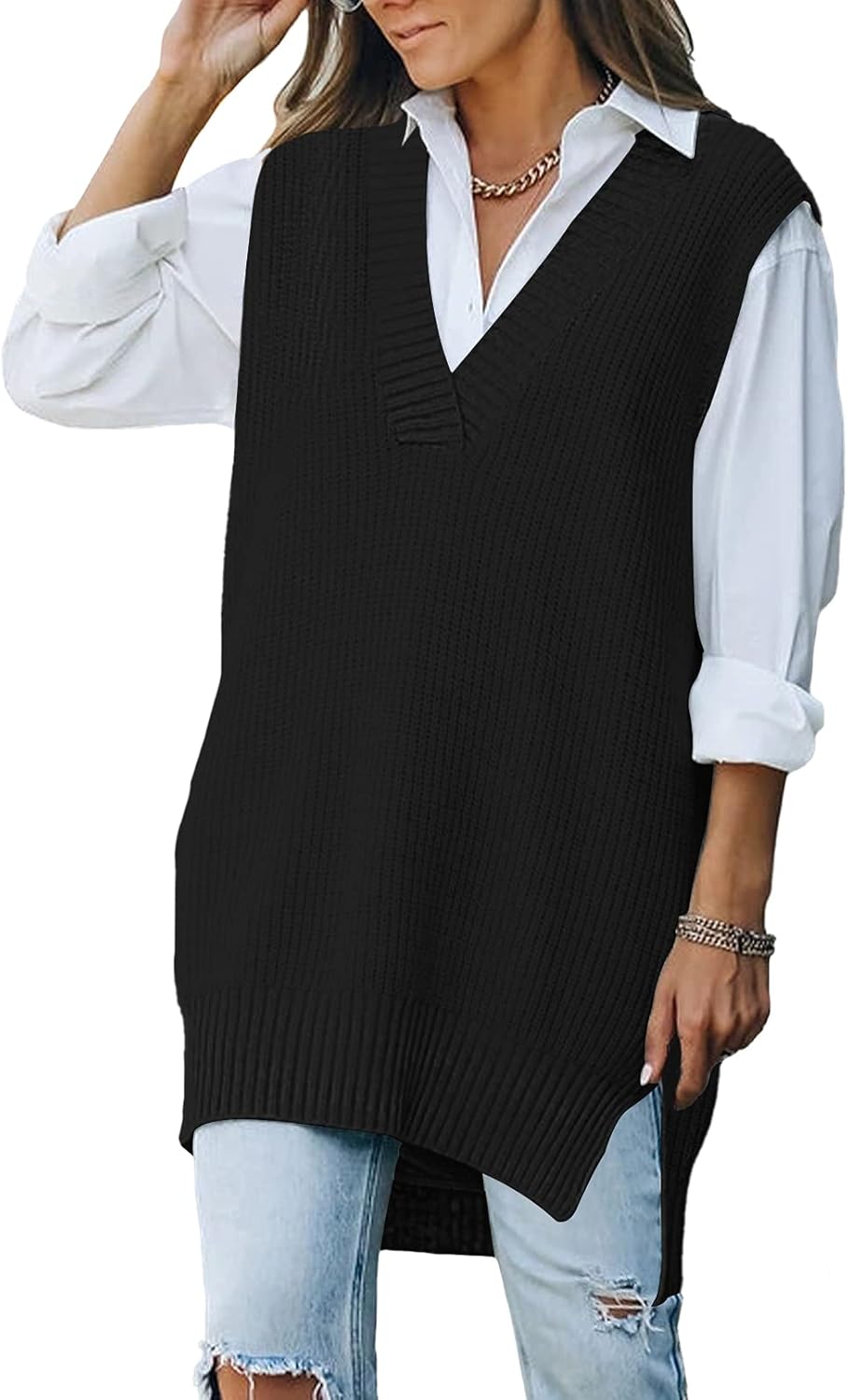 Viottiset Women's Oversized V Neck Knit Sweater Vest Tunic Sleeveless Pullover T...