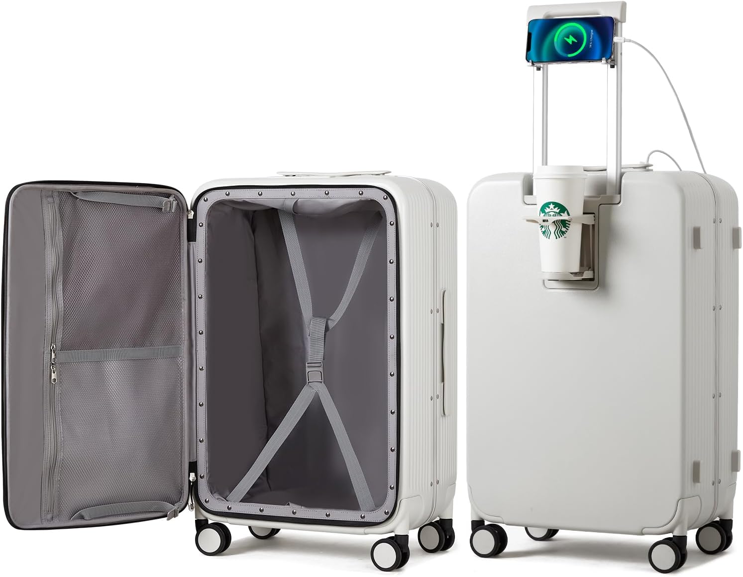 mixi Checked Luggage with Cup Phone Holder and Charger Hard Shell Suitcases with...