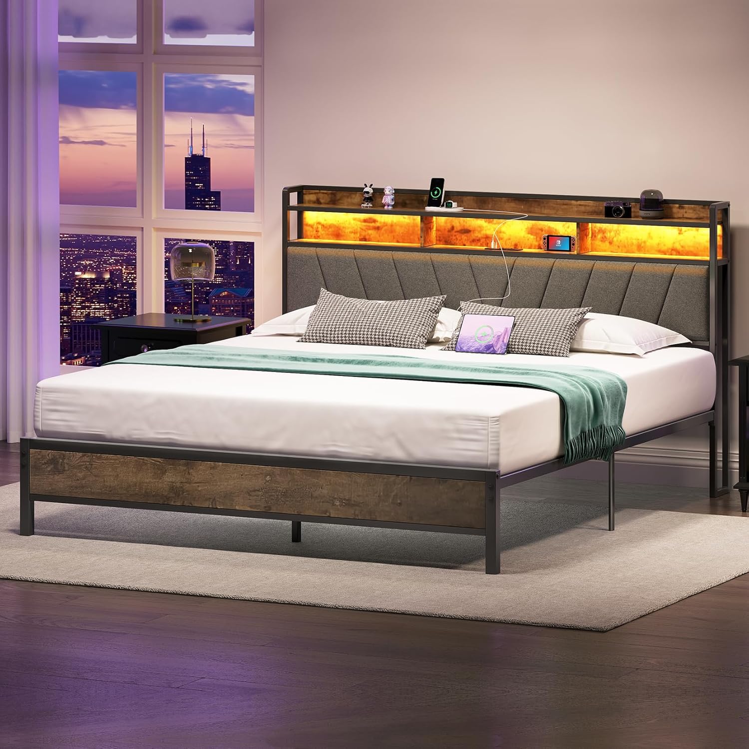 King Bed Frames, Metal Bed Frames with Charging Station, LED Lights Bed Frames w...