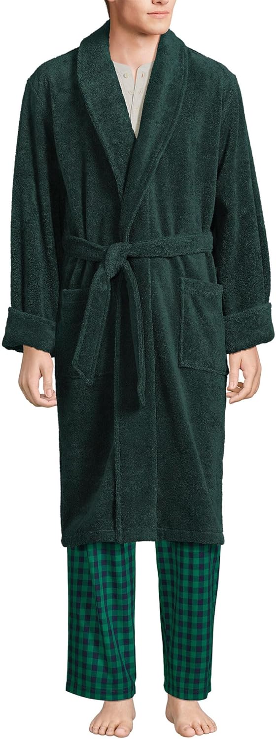 Lands' End Men's Calf Length Turkish Cotton Terry Bathrobe Medium Deep Forest