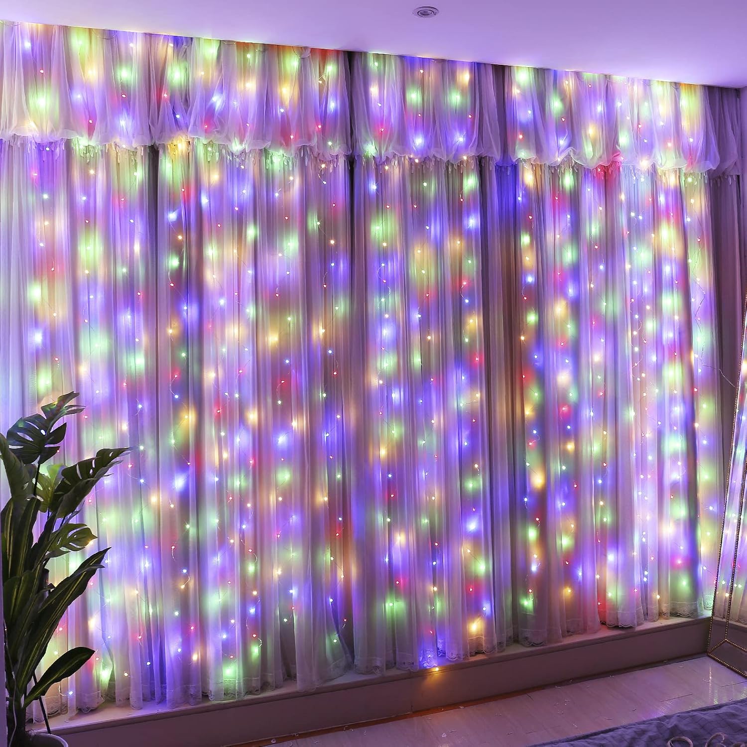 HXWEIYE 300LED Multicolor Fairy Curtain Lights with Remote 8 Modes Timer for Bed...