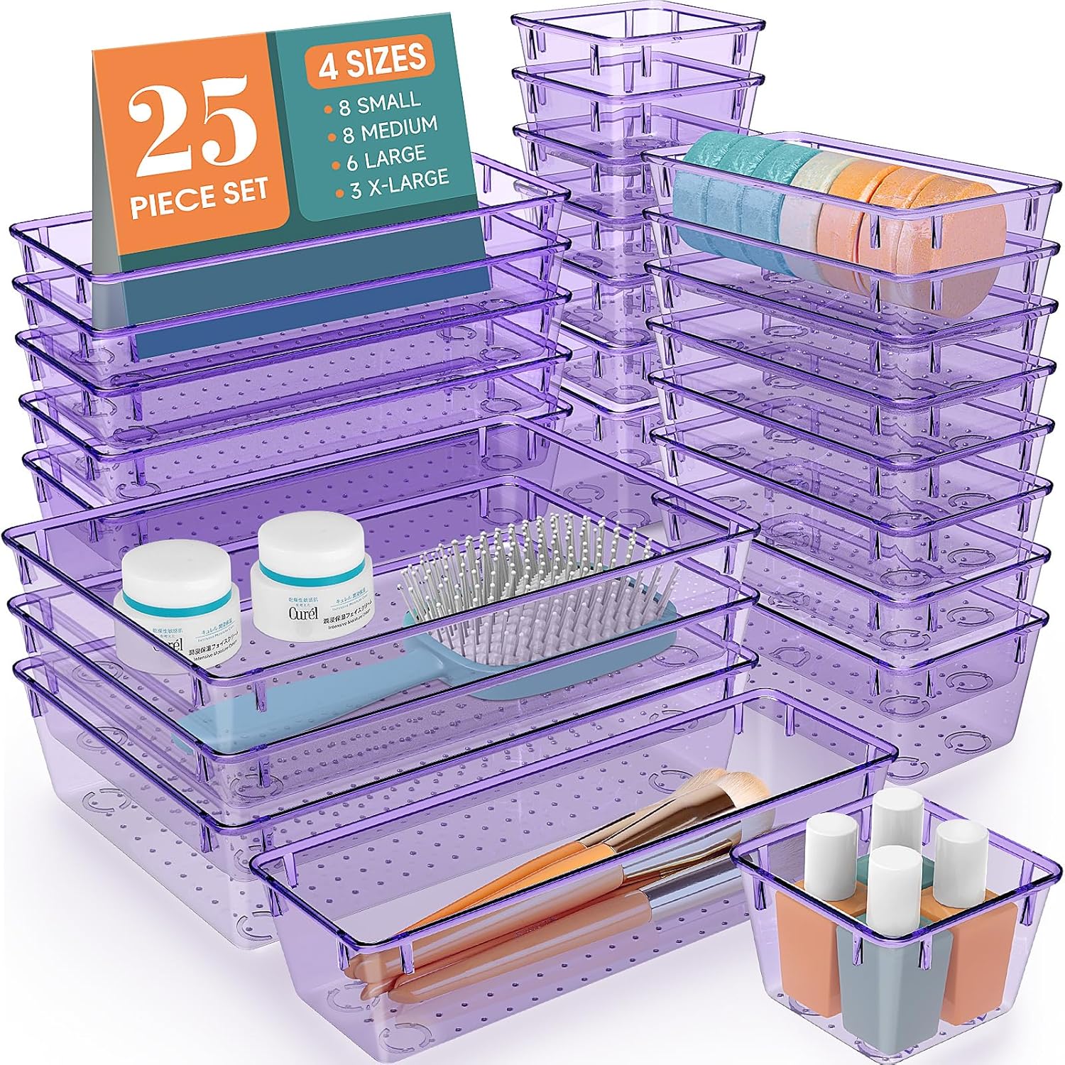 WOWBOX 25 PCS Plastic Drawer Organizer Set, Desk Drawer Divider Organizers and S...