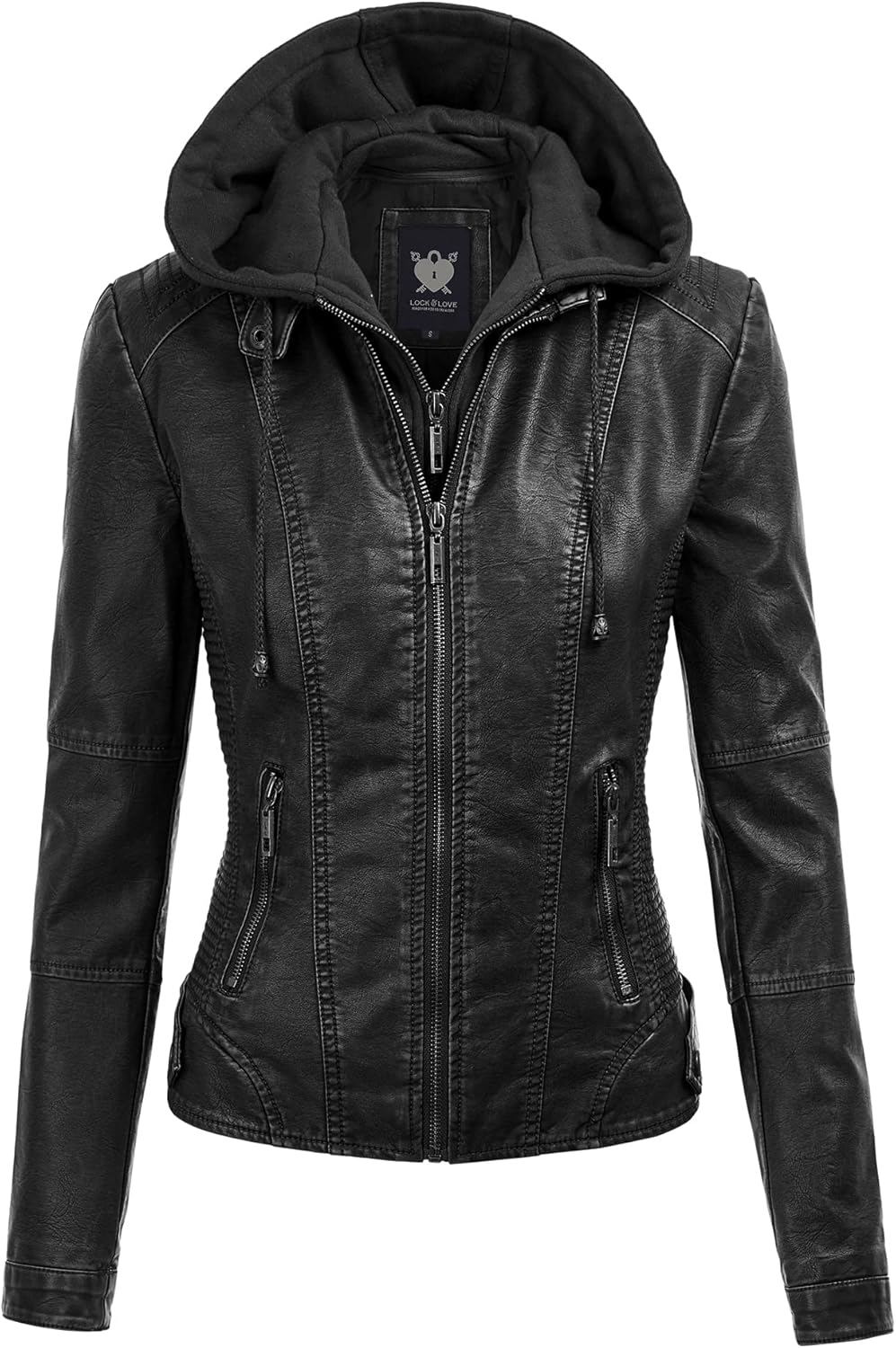 Lock and Love Women's Removable Hooded Faux Leather Jacket Moto Biker Coat Mediu...