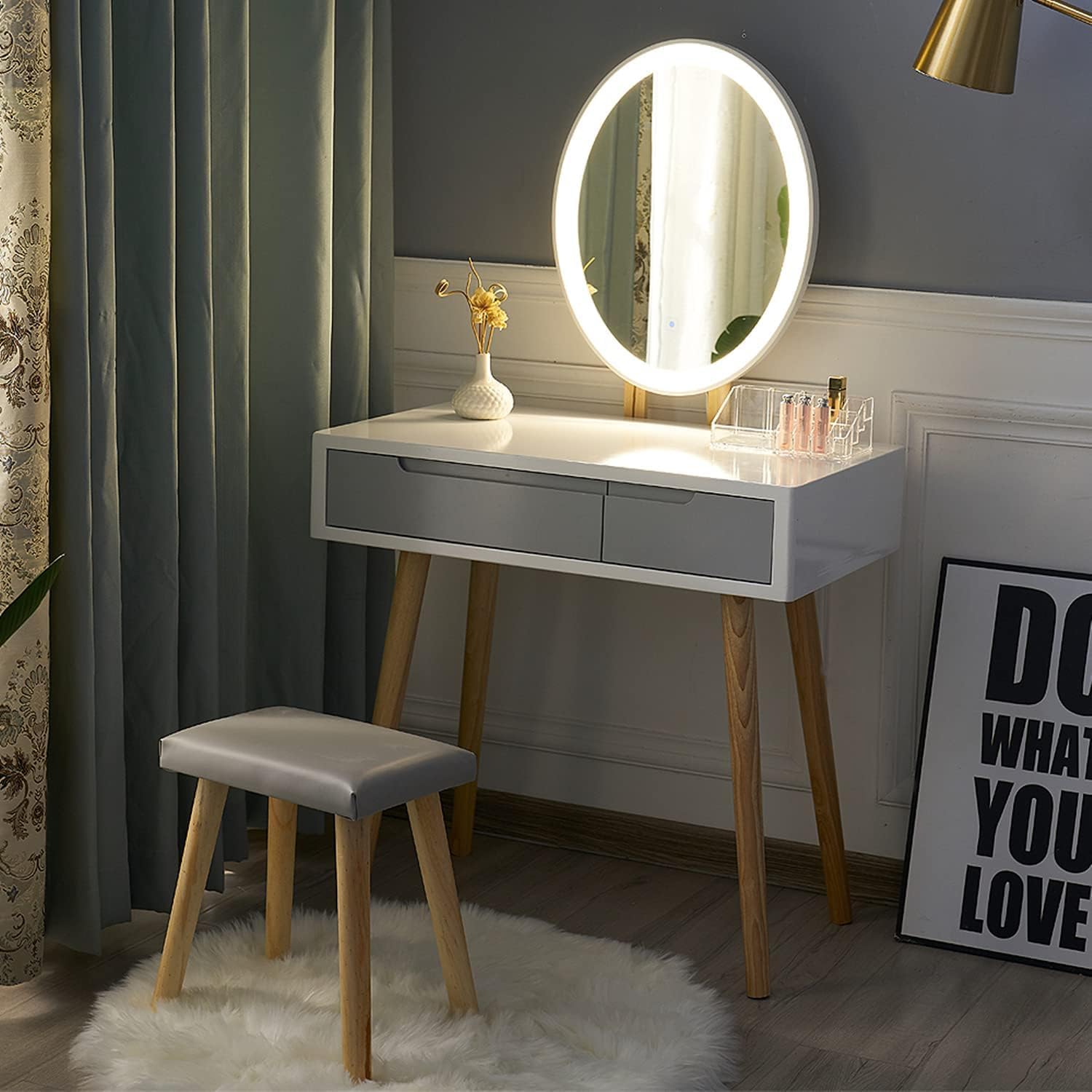 YOURLITE Dressing Table with LED Lights Mirror - White Vanity Makeup Table Set w...