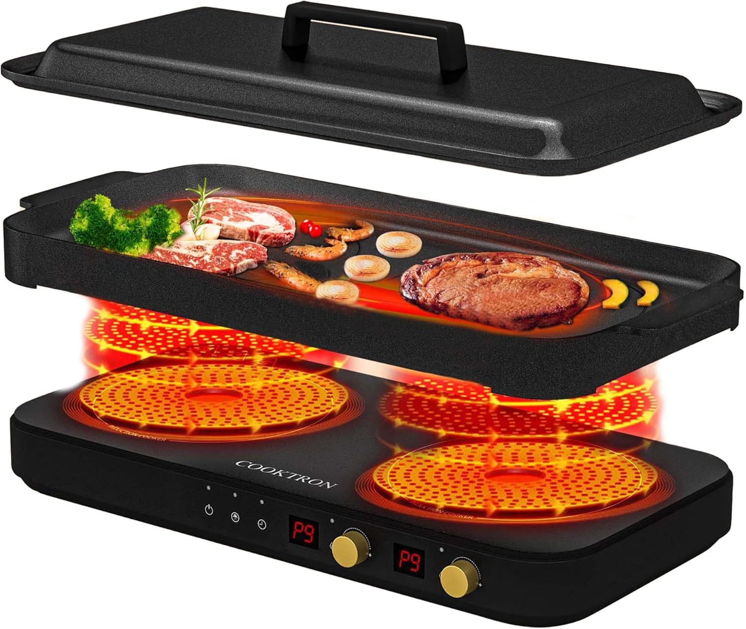 COOKTRON Double Induction Hob with Removable Iron Cast Griddle Pan, Portable Ind...