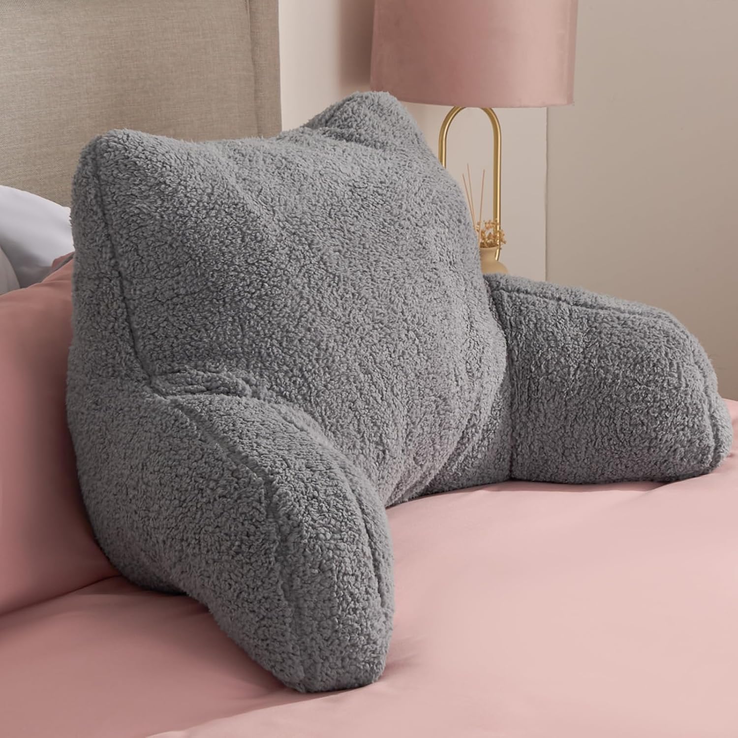 OHS Teddy Fleece Cuddle Cushion Grey, Reading Pillow Back Support Cushion Soft C...