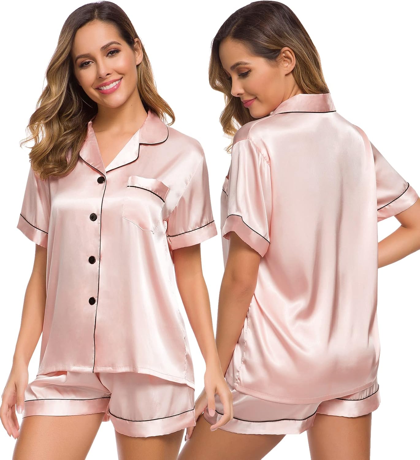 SWOMOG Pyjamas for Women Silk Satin Pyjama Bride Pjs Set Two Piece Pj Sets Butto...