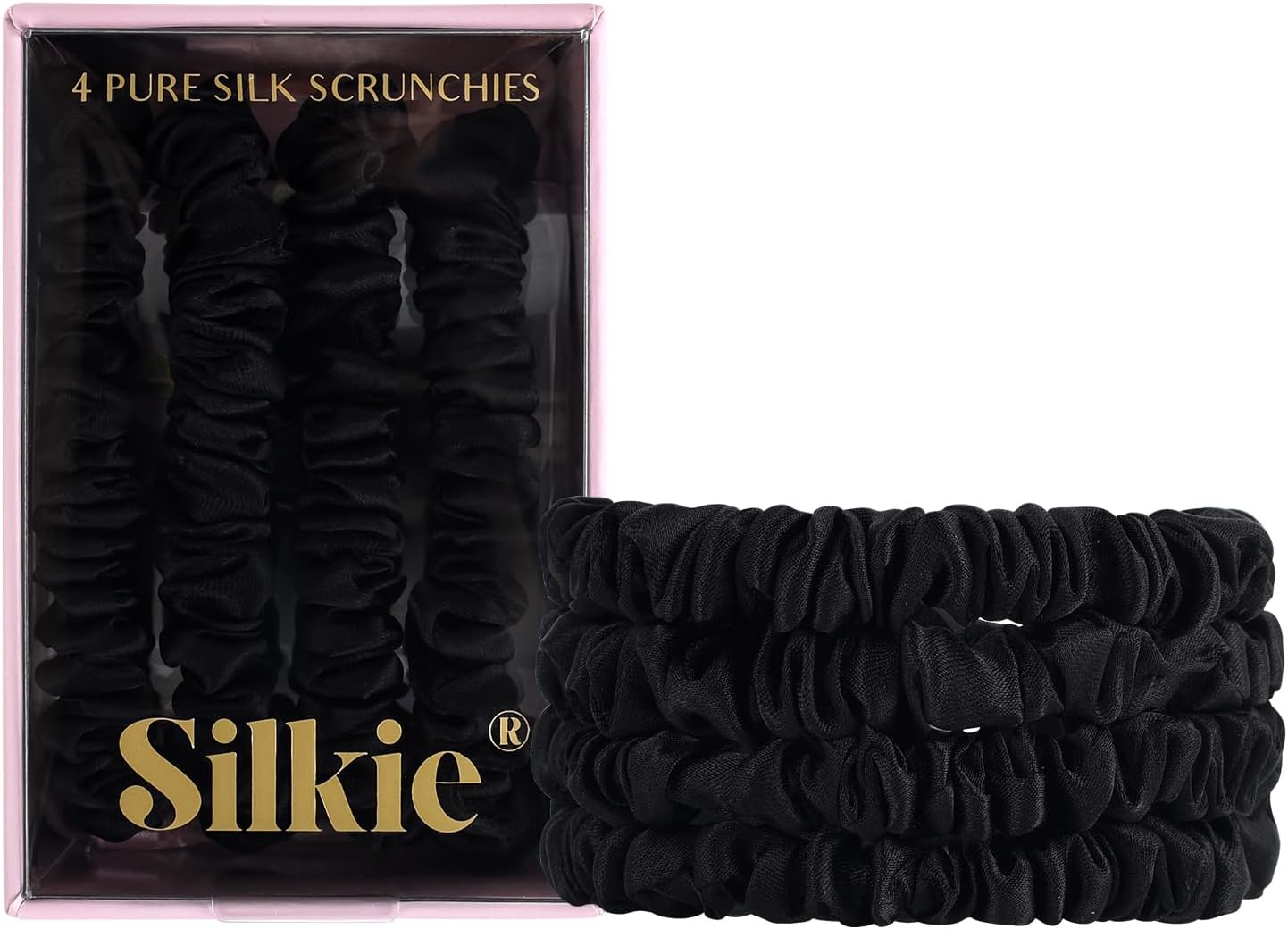 SILKIE x4 Set 100% Pure Mulberry Silk Black Skinny Scrunchies Travel Pouch Every...