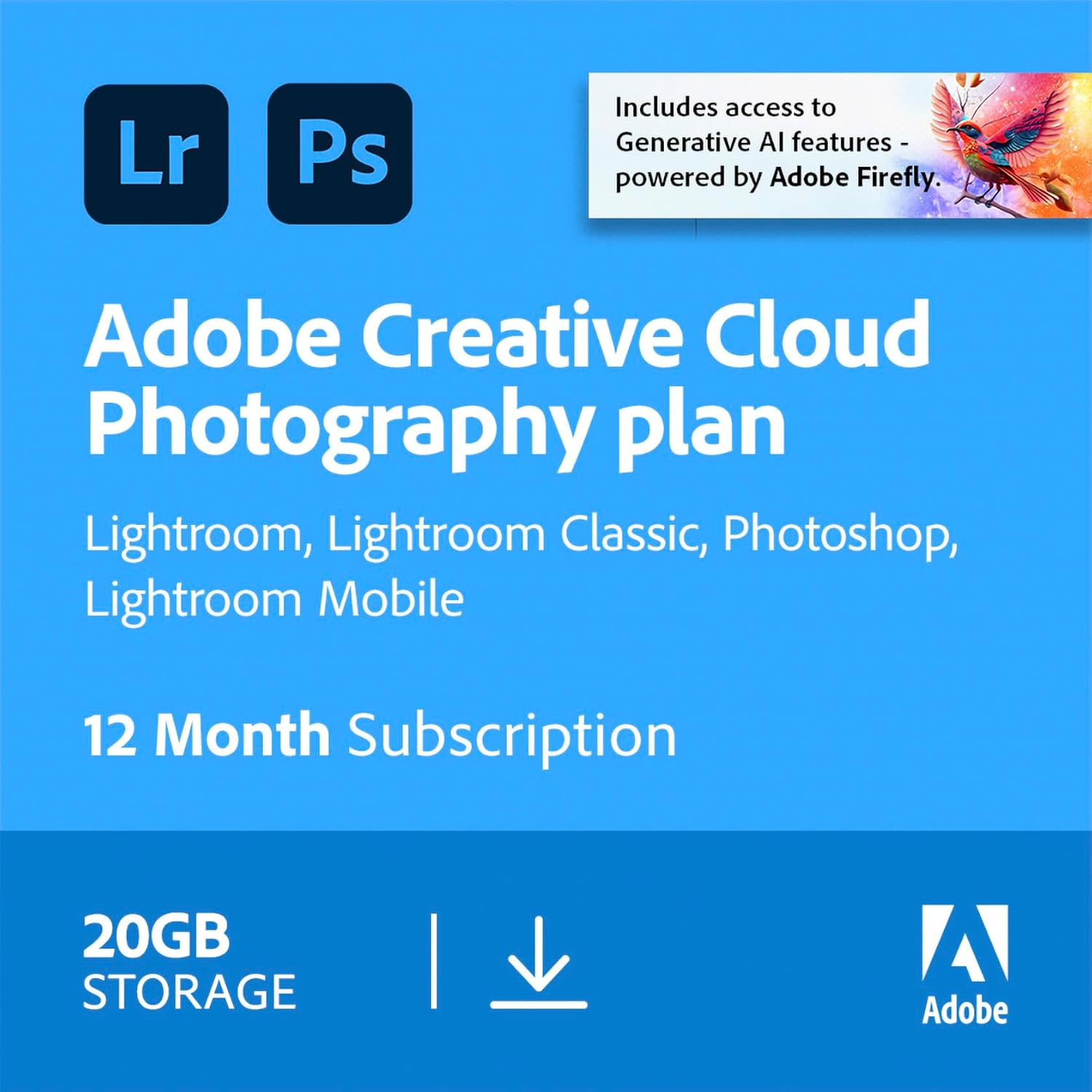 Adobe Creative Cloud 20GB:Photoshop&Lightroom|1 Year|PC/Mac|Digital Download One...