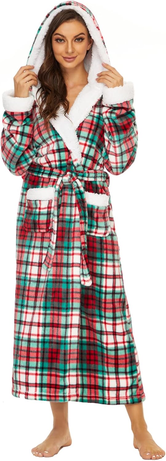iniber Dressing Gown for Women, Soft Plush Fleece Hooded Bathrobe Plush Loungewe...