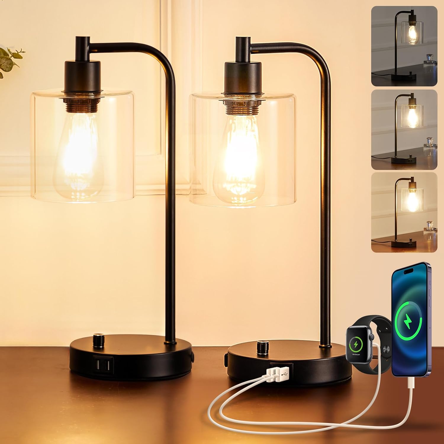 Homelist Dimmable Bedside Lamps Set of 2, Industrial Retro with USB Charging Por...