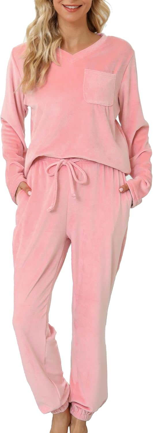 Lovasy Women's Fleece Pyjamas Sets Warm Fluffy Pjs with Pockets for Winter Pink-...