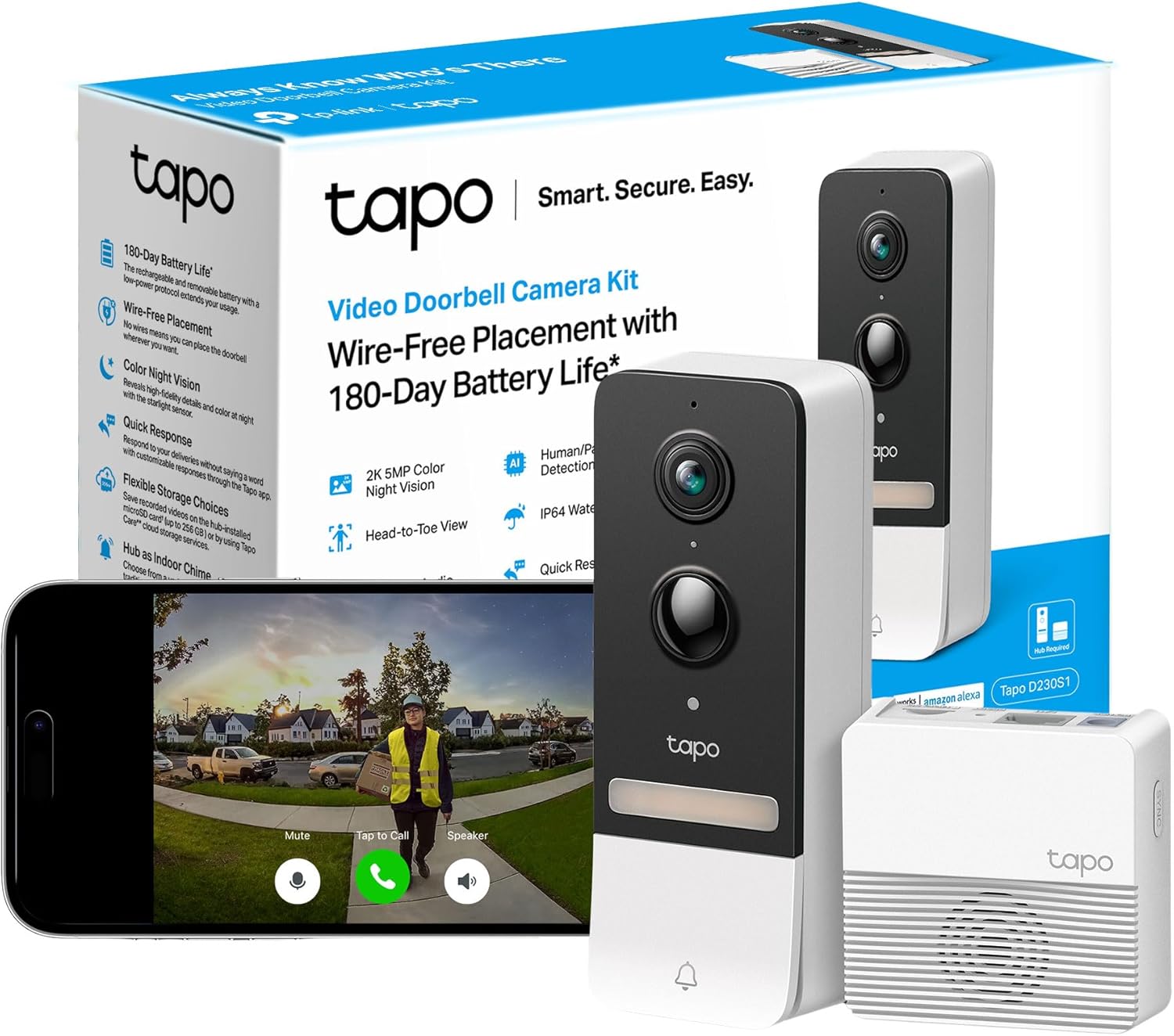 Tapo D230S1 2K 5MP Battery Video Doorbell Wireless, Security Camera Doorbell, Ri...