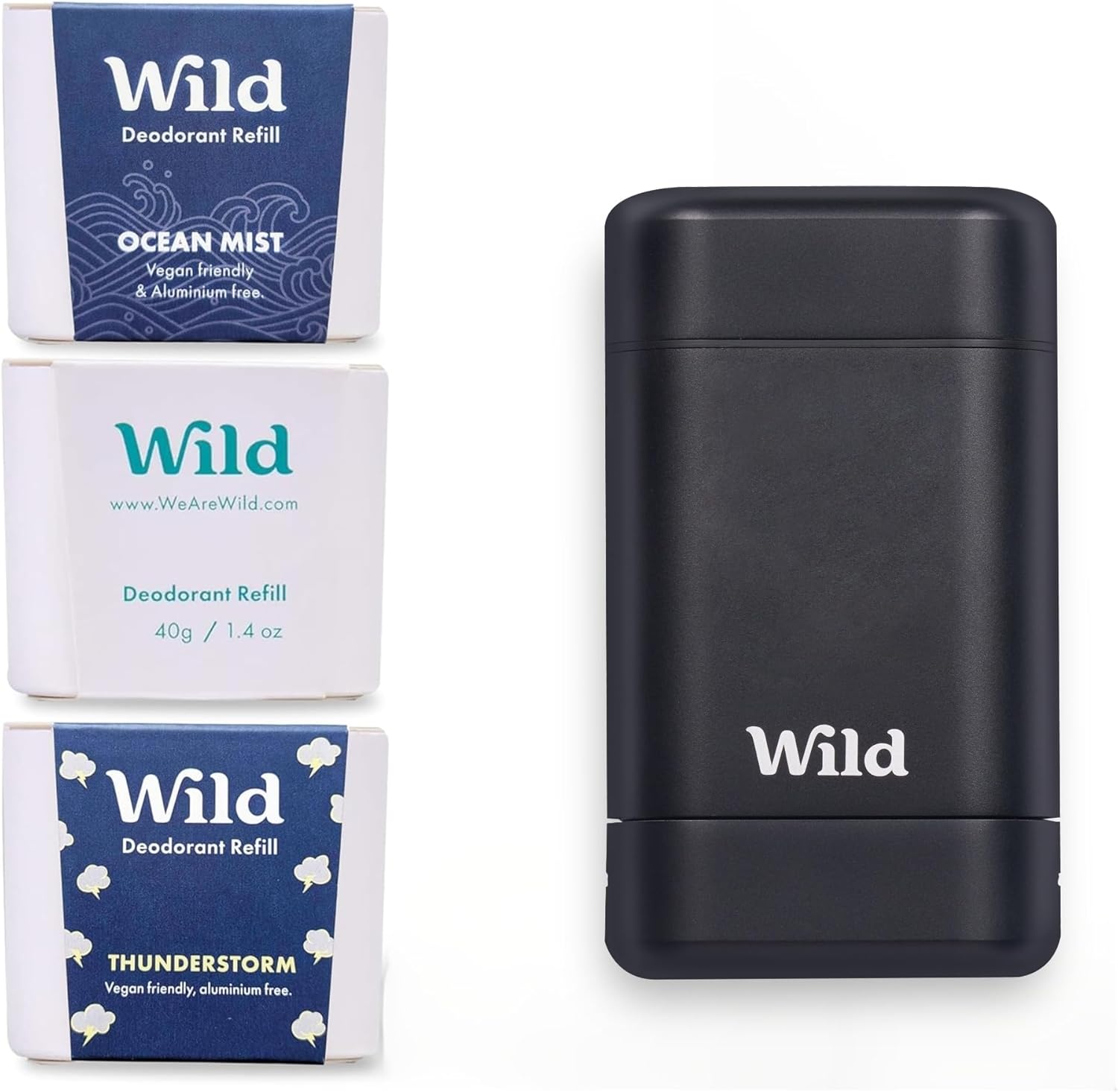 Wild - Mens Natural Refillable Deodorant Starter Kit - Black Case with Fresh Cot...