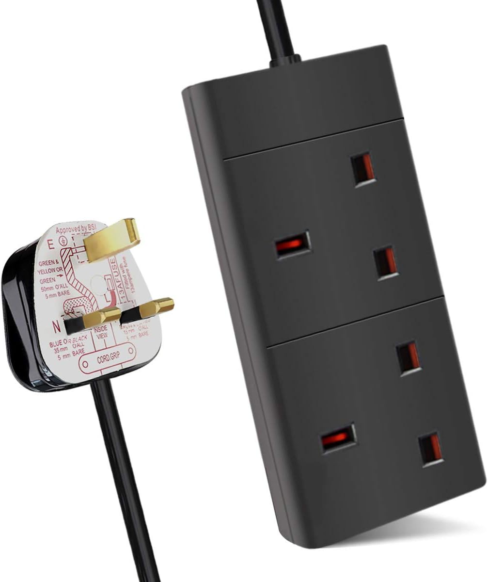 ExtraStar 2 Way Extension Lead, 13A Fused UK Plug Adapter, 2 Metre Extension Cab...