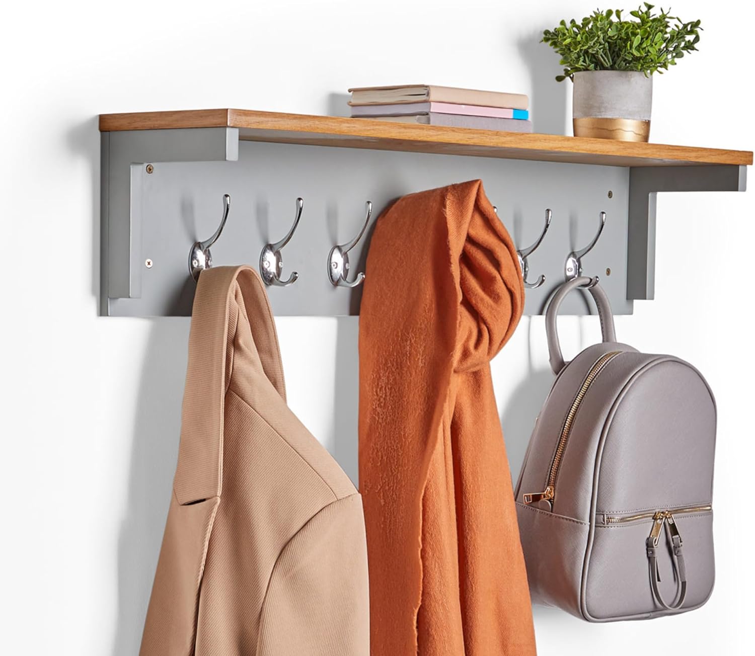 VonHaus Coat Hooks Wall Mounted - Grey Coat Rack with Shelf & 7 Strong Double Co...