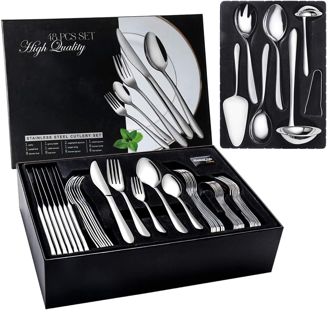 JIALONGDA 48-Piece Cutlery Set, Stainless Steel Flatware Set with 8-Piece Utensi...