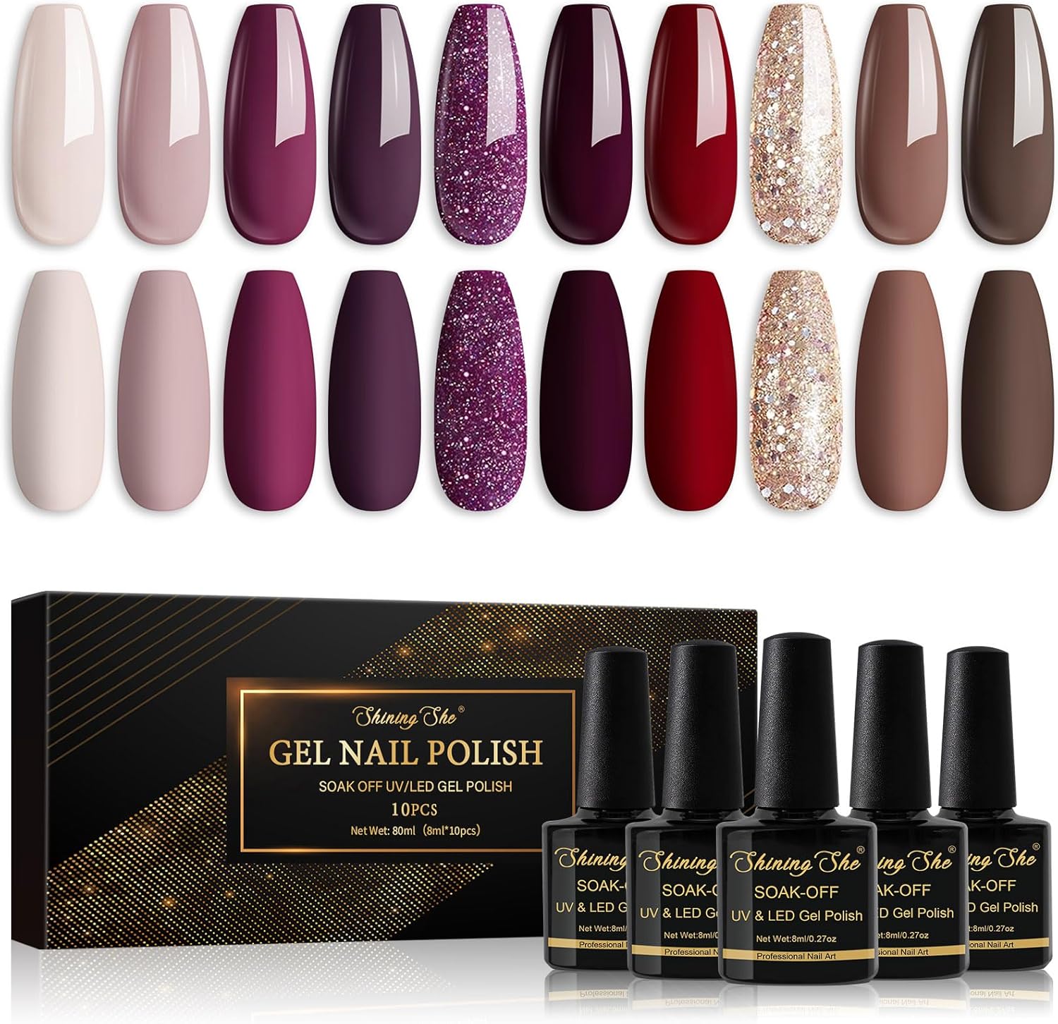 Shining She Nail Polishes, 10 Colours Beige Taupe Purple Red Brown Gold Glitter...
