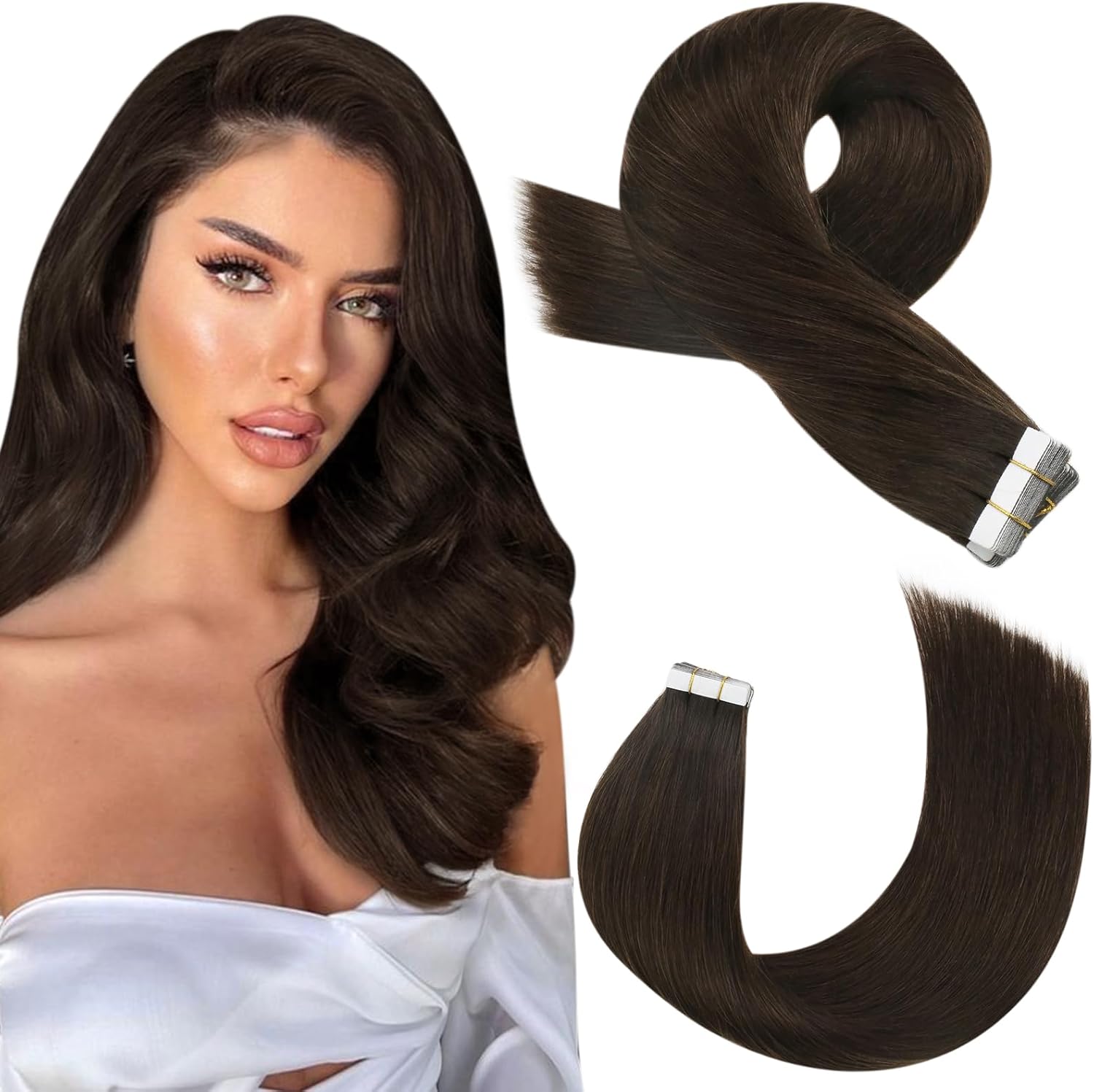 Moresoo Tape Hair Extensions Human Hair Brown Tape in Extensions 20 Inch Dark Br...