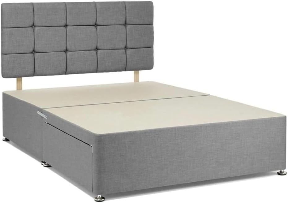 Grey chenille fabric divan bed base with headboard and drawers on same side. (4F...