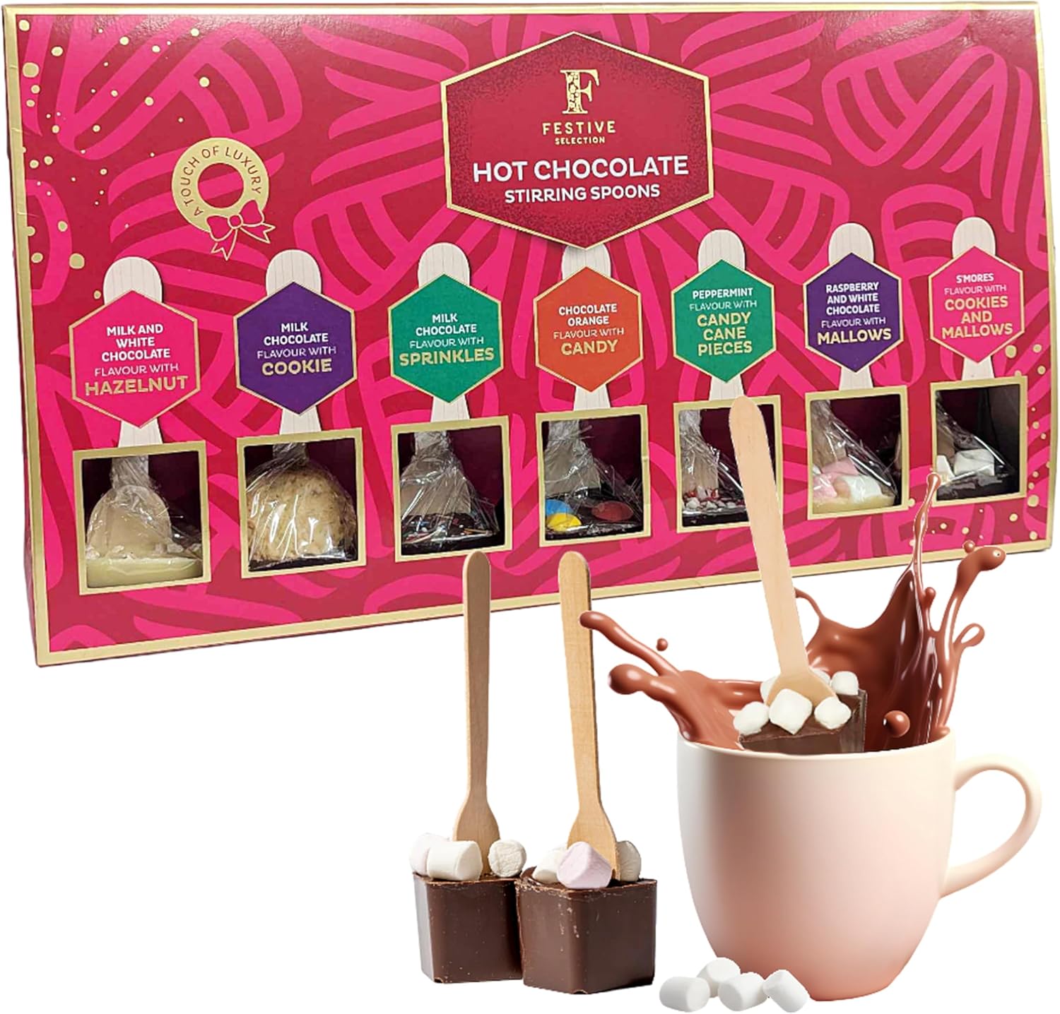 Hot Chocolate Spoons in Gift Box - Festive Selection of 7 Delicious Hot Chocolat...