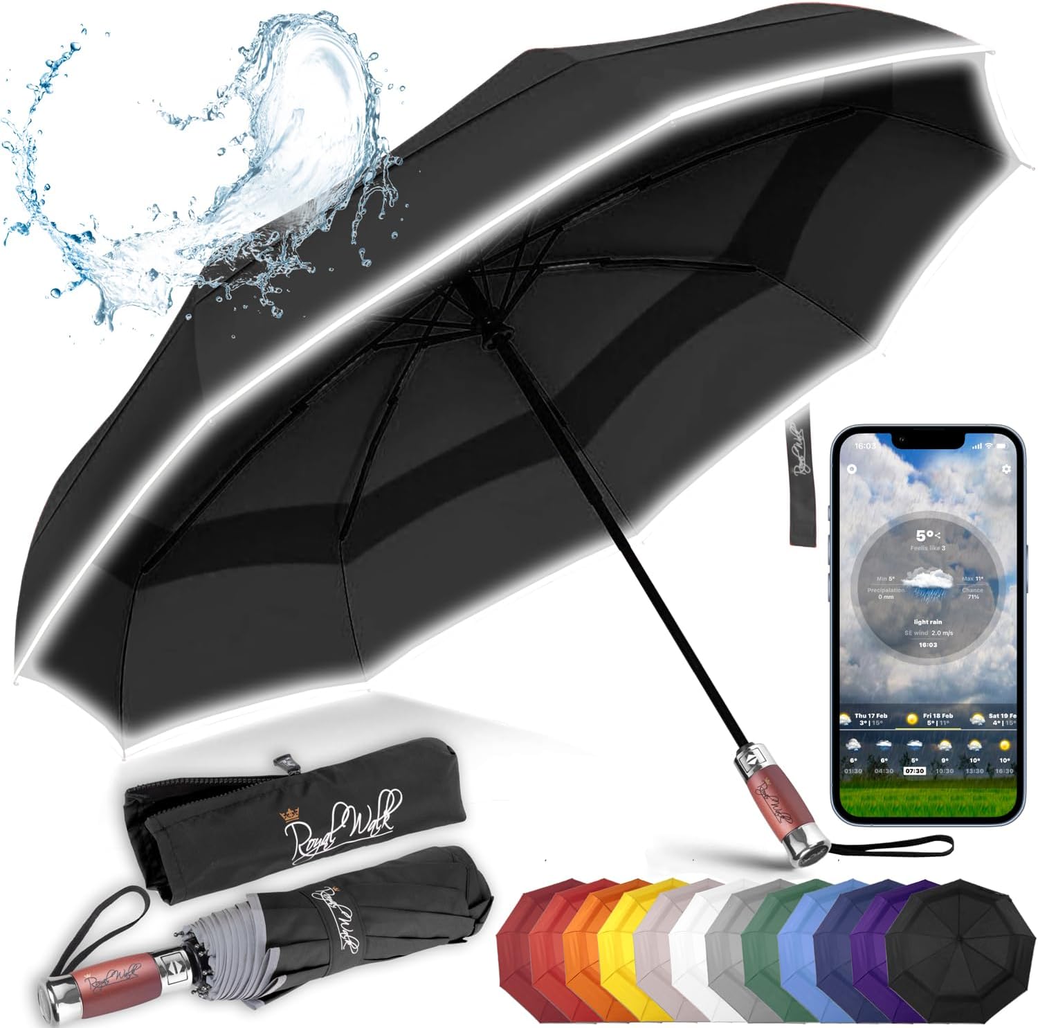 Royal Walk Windproof Folding Travel Umbrella Compact and Strong Luxurious Real W...