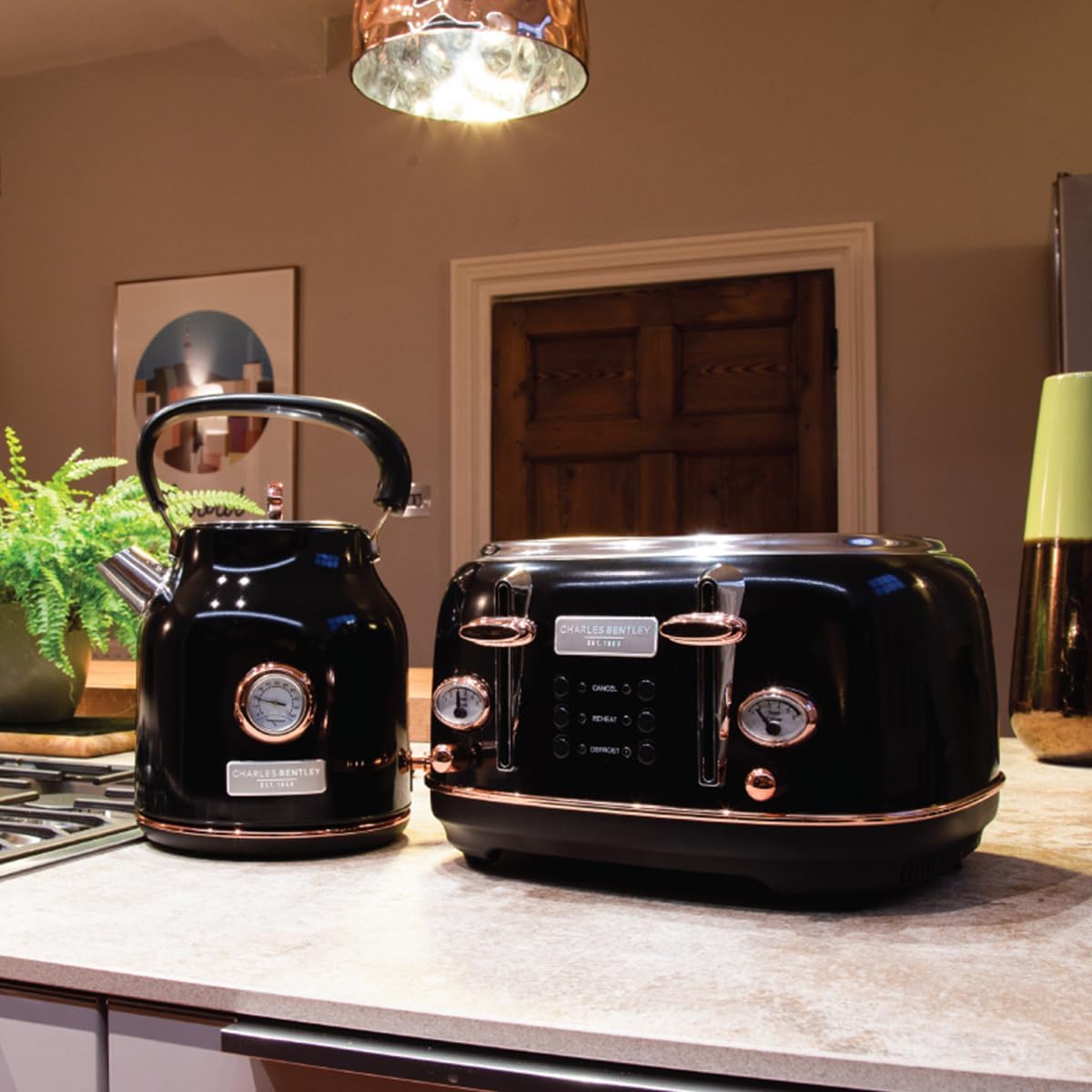 Charles Bentley 1.7L Kettle & 4 Slice Toaster Set Black & Rose Gold Fast Boil 36...
