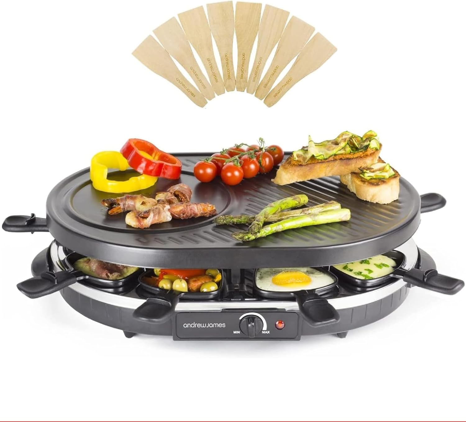Andrew James 8 Person Traditional Raclette Grill with 8 Pans & Spatulas | Adjust...