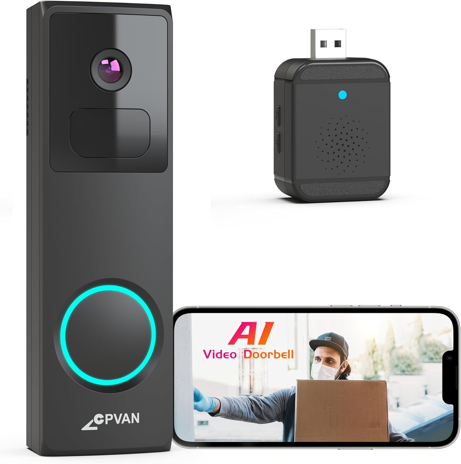 CPVAN Video Doorbell Wireless with Chime - 1080P FHD Battery Smart Doorbell Came...