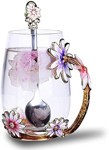 Luka Tech Handmade Enamel Butterfly Flower Glass Coffee Mugs Tea Cup with Spoon,...