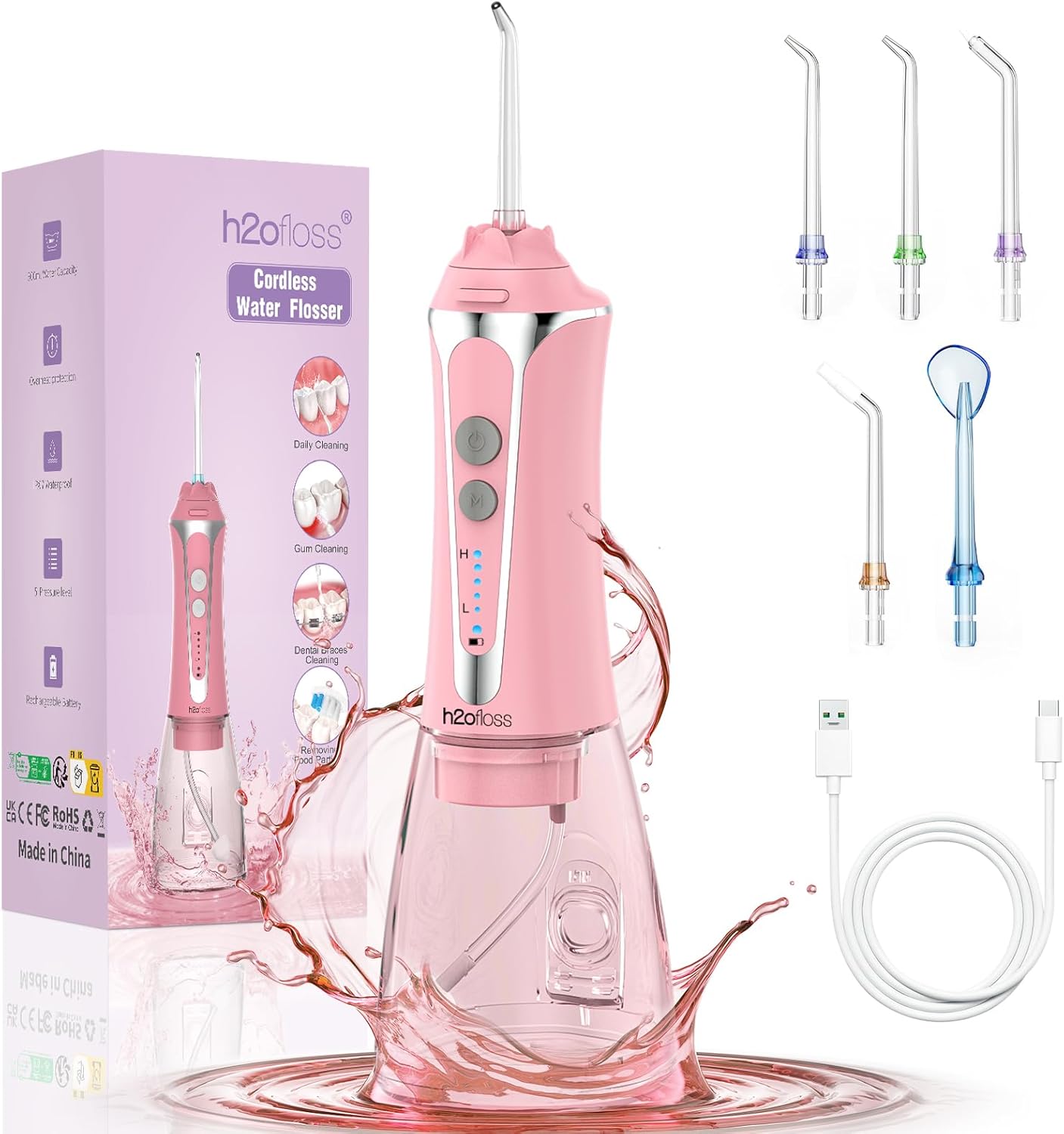 Water Dental Flosser for Teeth, H2ofloss Cordless Oral Irrigator in 5 Modes, 300...