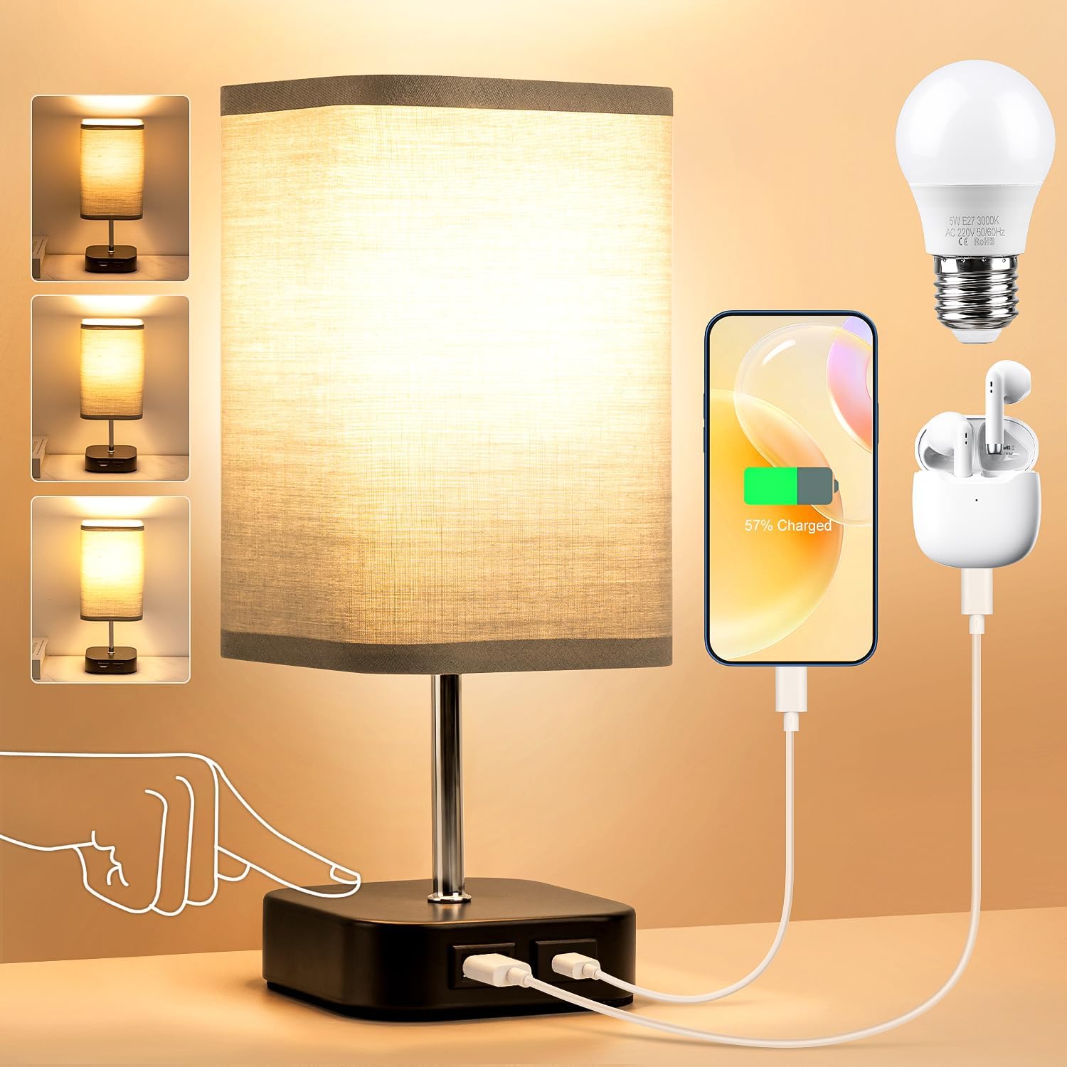 Table Touch Bedside Living Lamp: Rechargeable Grey Lamps Touch Control 3-Way Dim...
