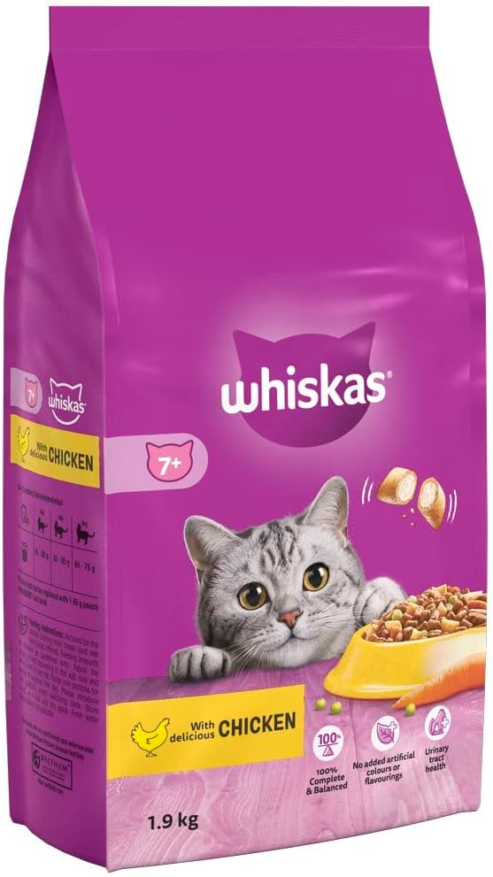 Whiskas 7+ Senior Chicken 4 x 1.9 kg Bags, Senior Dry Cat Food 1.9 kg (Pack of 4...