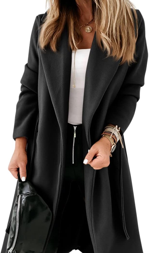 Womens Classic Coat Lapel Collar Open Front Belted Long Jacket Medium Black