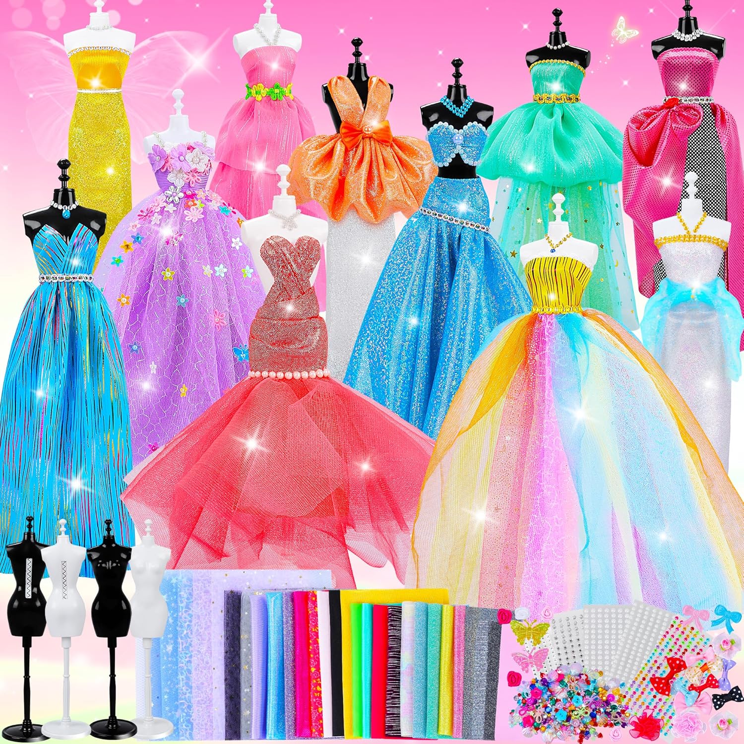800+Pcs Fashion Designer Kit for Girls, Sewing Kit with 4 Mannequins, DIY Arts a...
