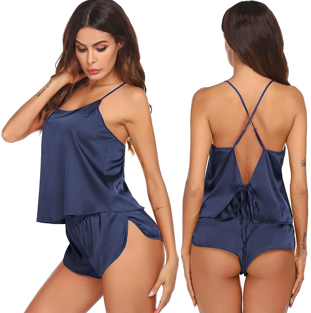 Ekouaer Silk Pajamas Set for Women Satin Backless Lingerie Pjs Cami Top and Shor...