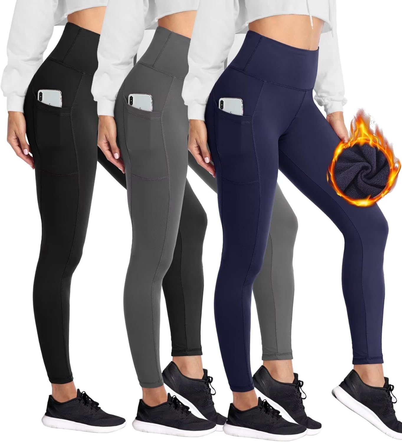 HIGHDAYS 3 Pack Women's Fleece Lined Leggings with Pockets - High Waist Winter T...