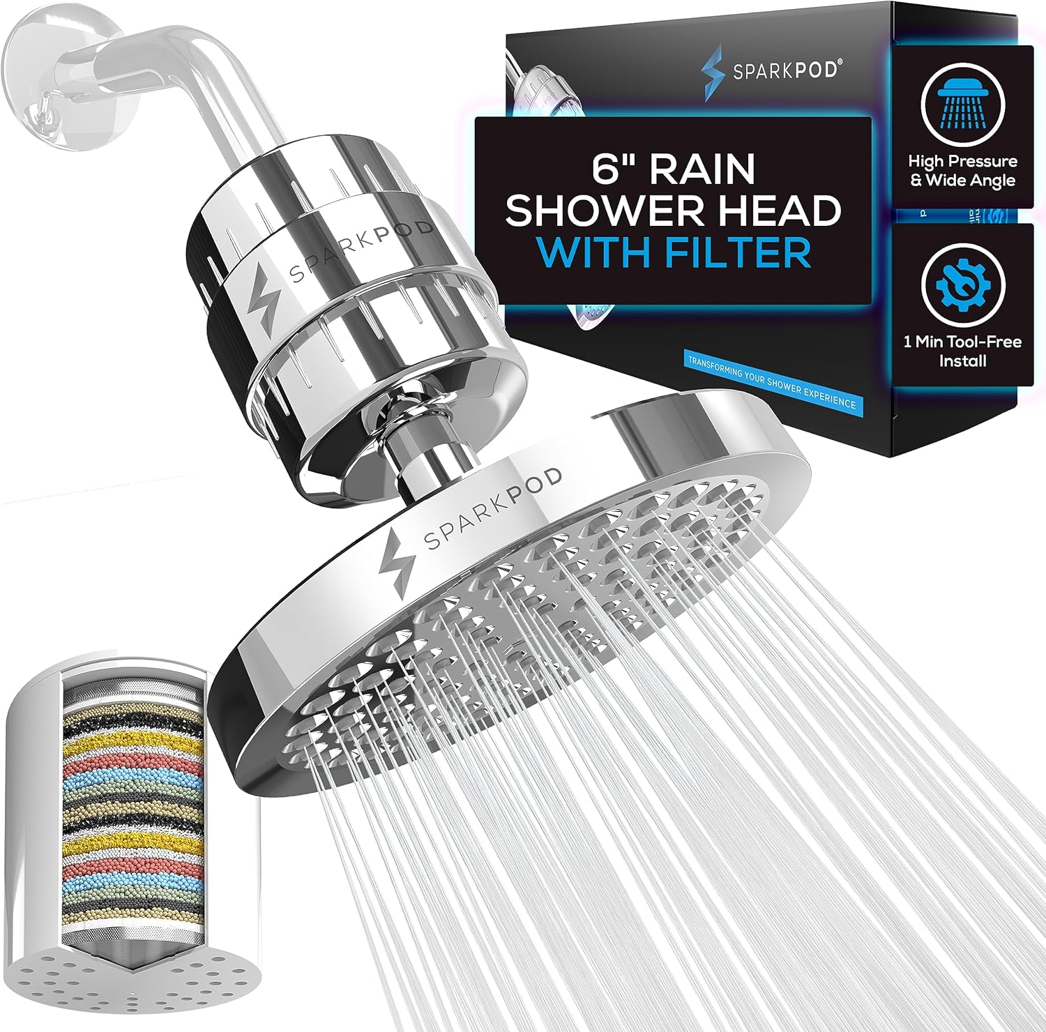 SparkPod Luxury Filtered Shower Head Set 23 Stage Shower Filter - Reduces Chlori...