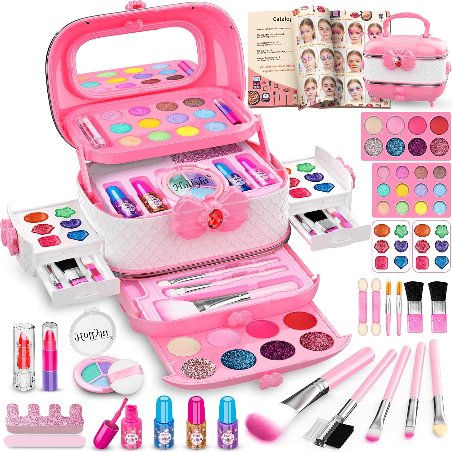 Hollyhi 58 Pcs Kids Makeup Kit for Girl, Princess Toys Real Washable Cosmetic Se...