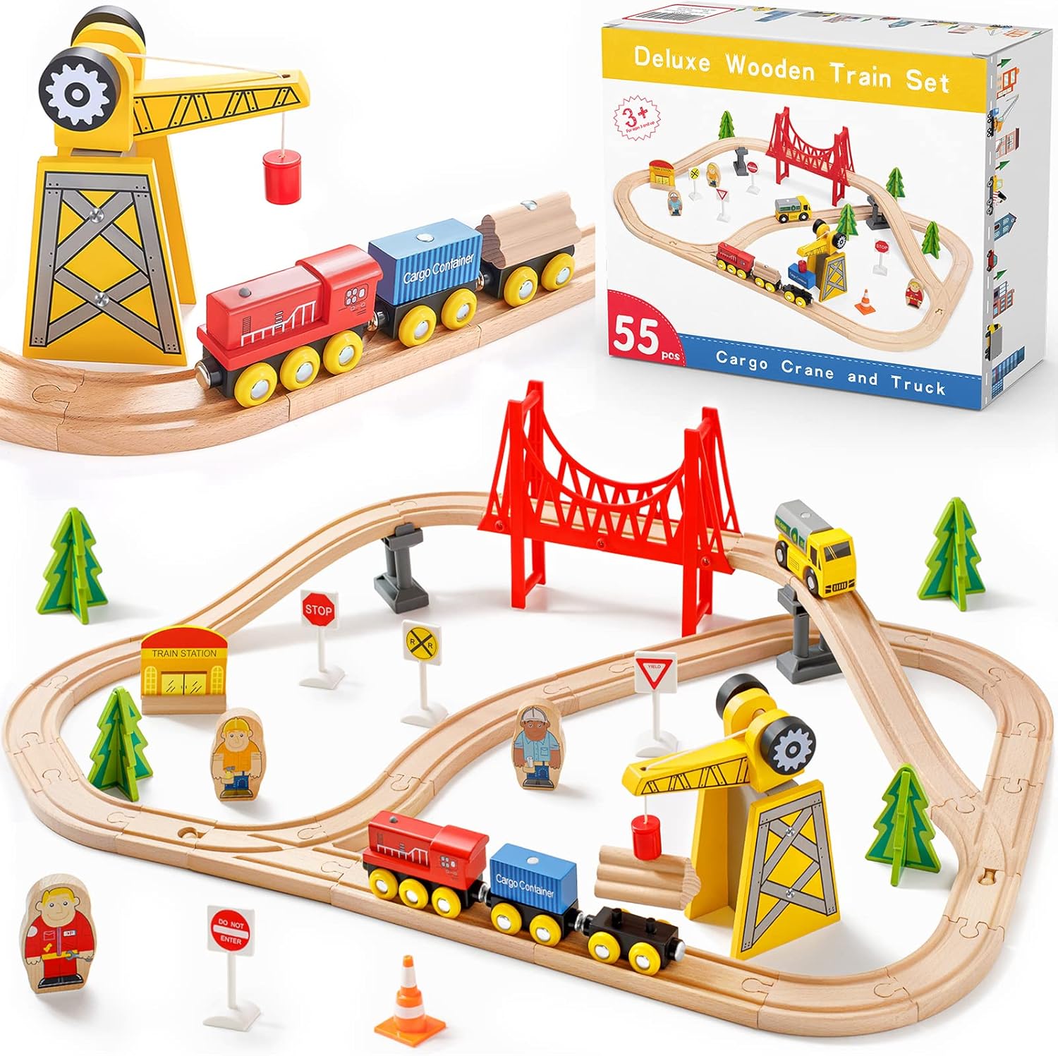 Tiny Land 55-Piece Wooden Train Set for Toddlers and Kids Ages 3-7, Fits Thomas...