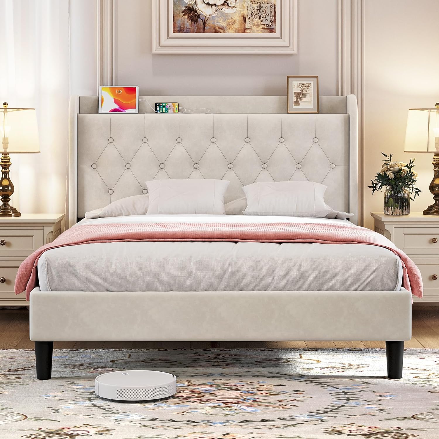 Queen Bed Frame with Headboard, Adjustable Velvet Upholstered Bed Frame with Typ...