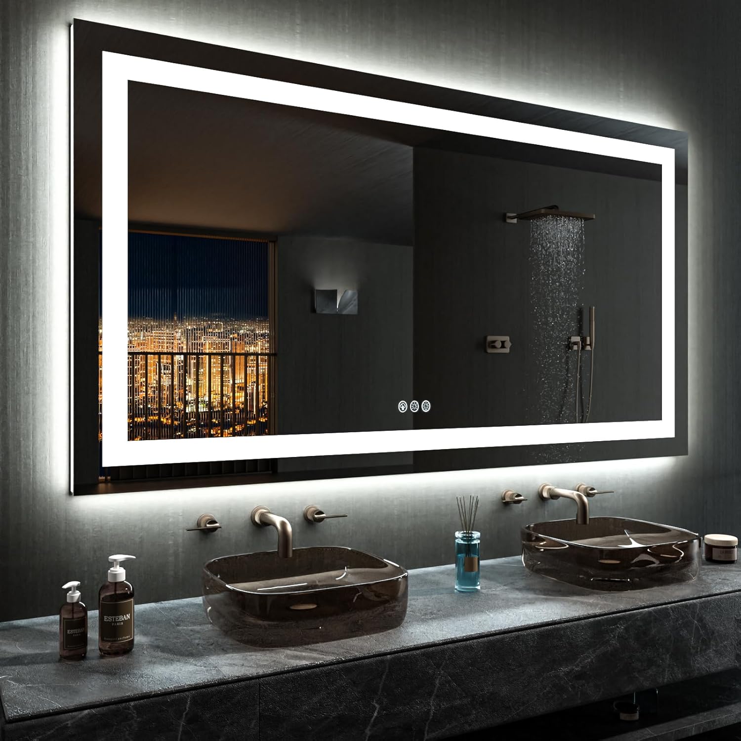 LOAAO 60”X36“ RGB LED Bathroom Mirror with Lights, Large, Anti-Fog, Dimmable Sma...
