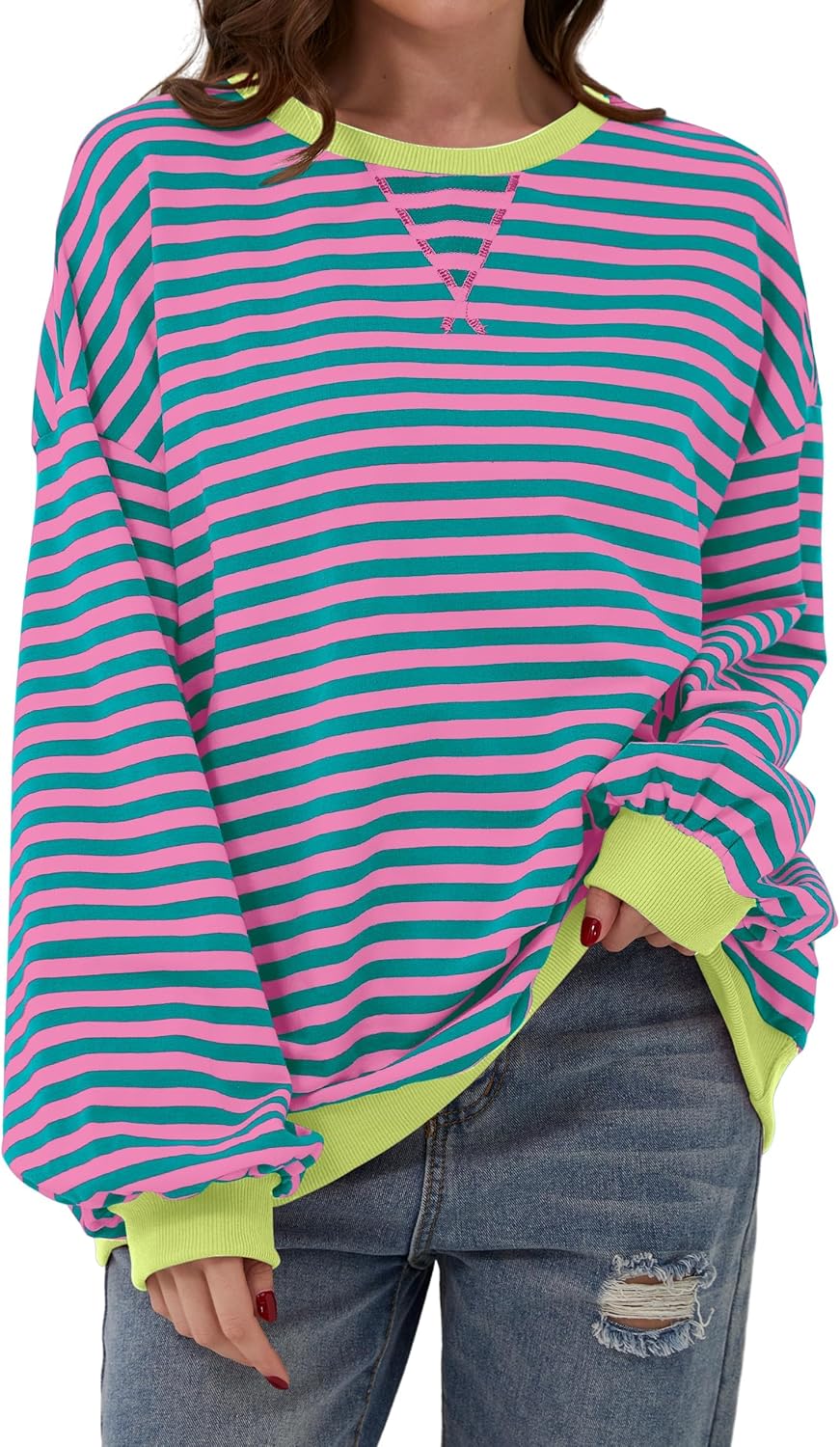 Women Oversized Striped Color Block Long Sleeve Crew Neck Sweatshirt Casual Loos...
