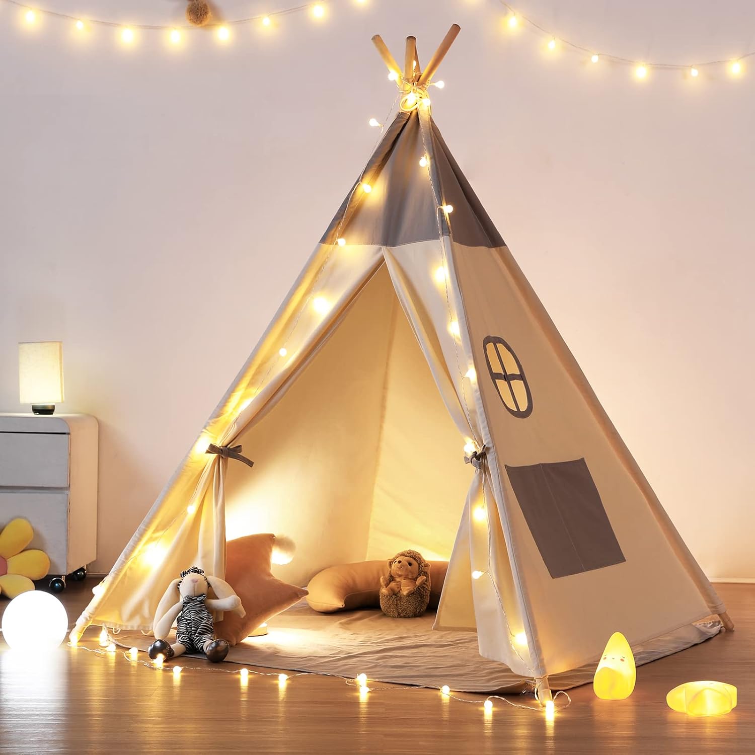 besrey Teepee Tent for Kids with Light & Mat, Kids Tents Indoor Play Tent Playho...