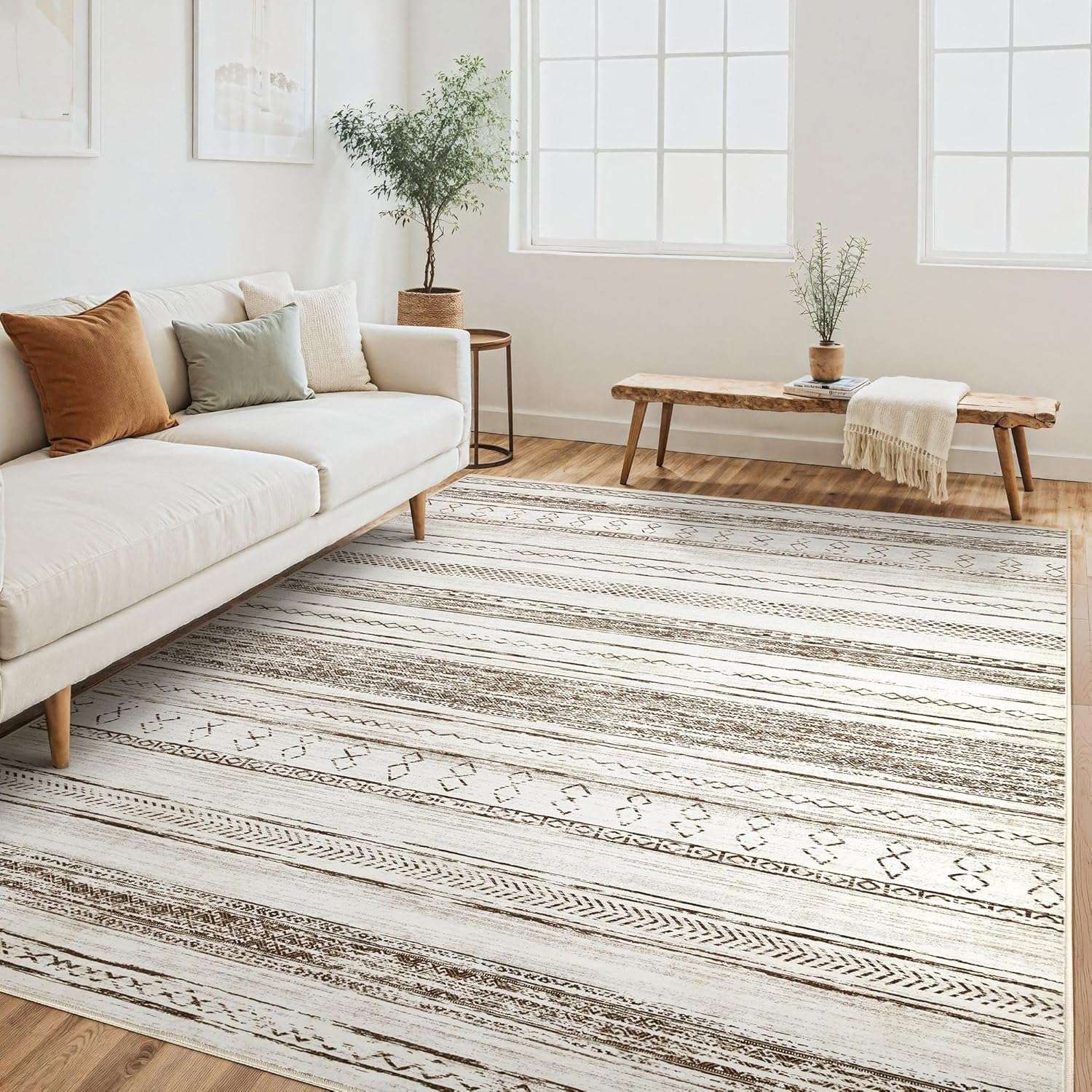 Area Rug Living Room Rugs - 6x9 Washable Large Soft Neutral Boho Moroccan Bohemi...